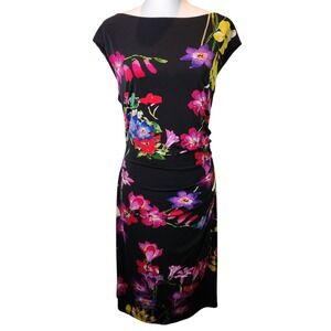 Lauren Ralph Lauren Black Floral Midi Dress with Pink, Purple & Yellow Flowers